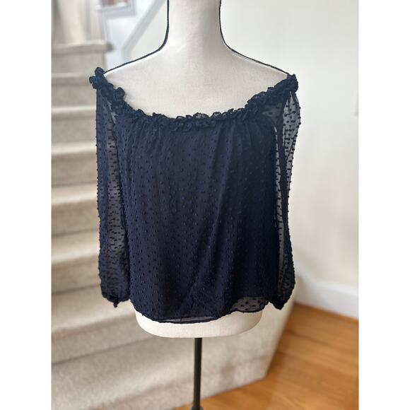 J.Crew Navy Blue Swiss Dot Off the Shoulder Silk Blouson Sleeve Blouse - Picture 1 of 7